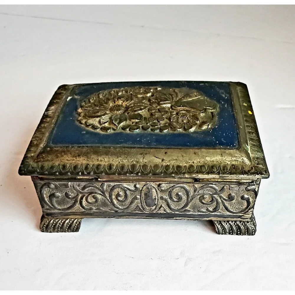 Silver Toned Footed Trinket Box Occupied Japan Blue Top Embossed Rose Vintage